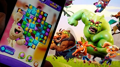 Scenes from "Candy Crush Saga," left, by Activision Blizzard, and "Crash Team Rumble," from Activision Publishing, in New York, Wednesday, June 21, 2023.