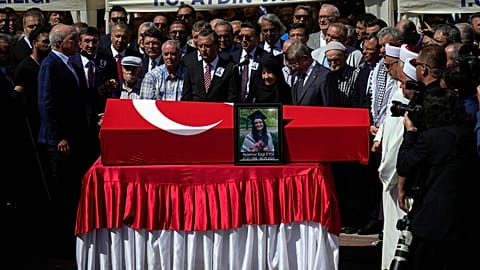 People attend funeral prayers for Aysenur Ezgi Eygi, a 26 year-old Turkish-American activist killed by the Israeli military, outside the central mosque of Didim, Turkey, Satur