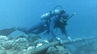 Δύτης ελέγχει την υποβρύχια προστασία του καλωδίου στον υδροακουστικό σταθμό HA08 στο Βρετανικό Εδαφικό Διαμέρισμα Ινδικού Ωκεανού (BIOT), Ηνωμένο Βασίλειο.