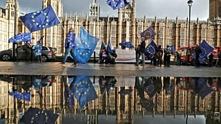 Protestors are reflected in a large puddle as they wave European flags to demonstrate against Brexit in front of the Parliament in London, Dec. 3, 2018.