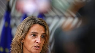 Spain's Environment Minister Teresa Ribera speaks with the media as she arrives for a meeting of EU energy ministers at the European Council building, September 2022. 