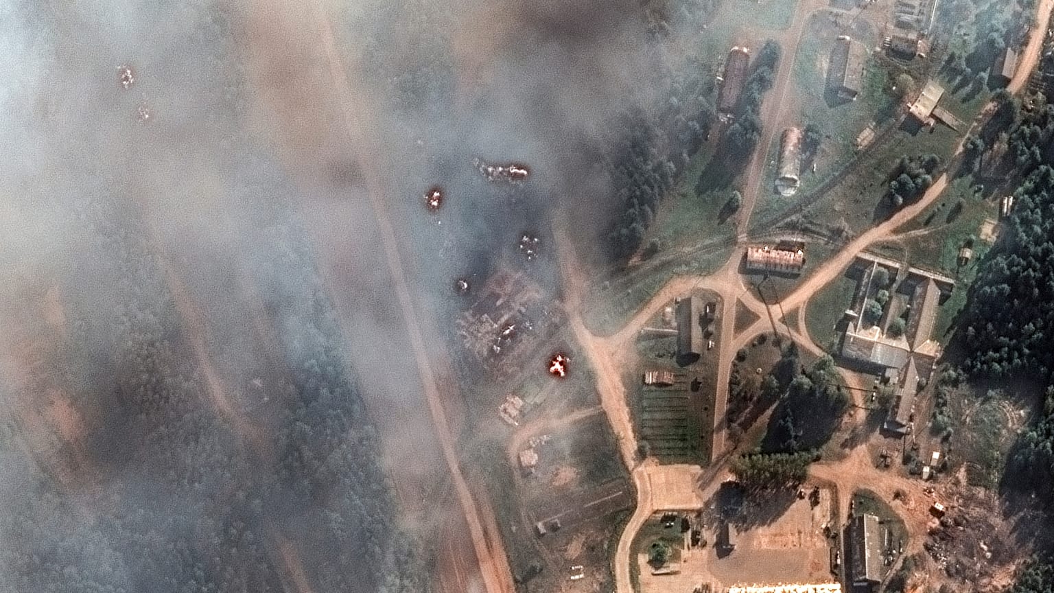 General view of the aftermath of a large series of explosion on an ammunition depot in Toropets, Russia, Wednesday Sept. 18, 2024.