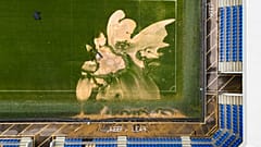  aerial view of a sinkhole on the pitch and flooded walkways at the Cherry Red Records Stadium, home of AFC Wimbledon in London, Monday, Sept. 23, 2024,