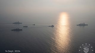 This photo released by the European Union’s Operation Aspides shows warships attached to the mission escorting salvage ships in the Red Sea on Saturday, Sept. 14, 20