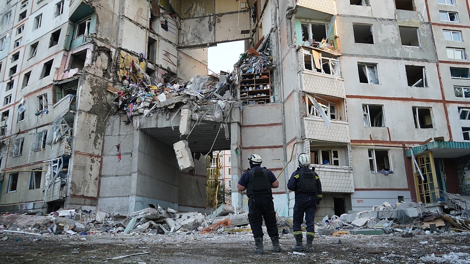 The aftermath of a Russian attack that hit a residential building in Kharkiv, Ukraine.