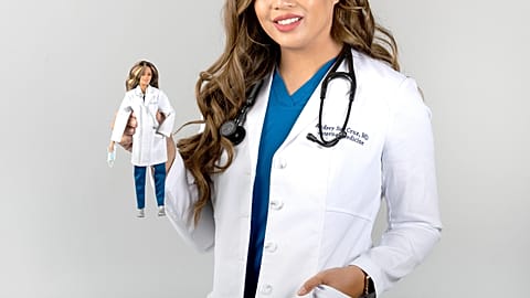 FILE: A doctor of internal medicine poses with a Barbie doll, created in her likeness, in Henderson, NV, 7 August 2021 (illustration)