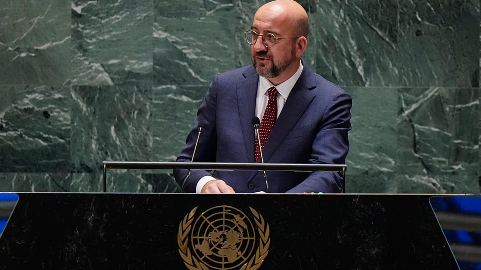 Presidente do Conselho Europeu, Charles Michel, fala perante a Assembleia Geral das Nações Unidas durante a Cimeira do Futuro, no domingo, 22 de setembro de 2024, Nova Iorque