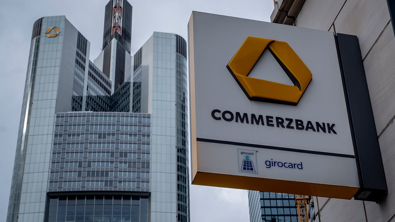 A Commerzbank logo is pictured in front of the bank's headquarters in Frankfurt, Germany. 25 Sept. 2024. 