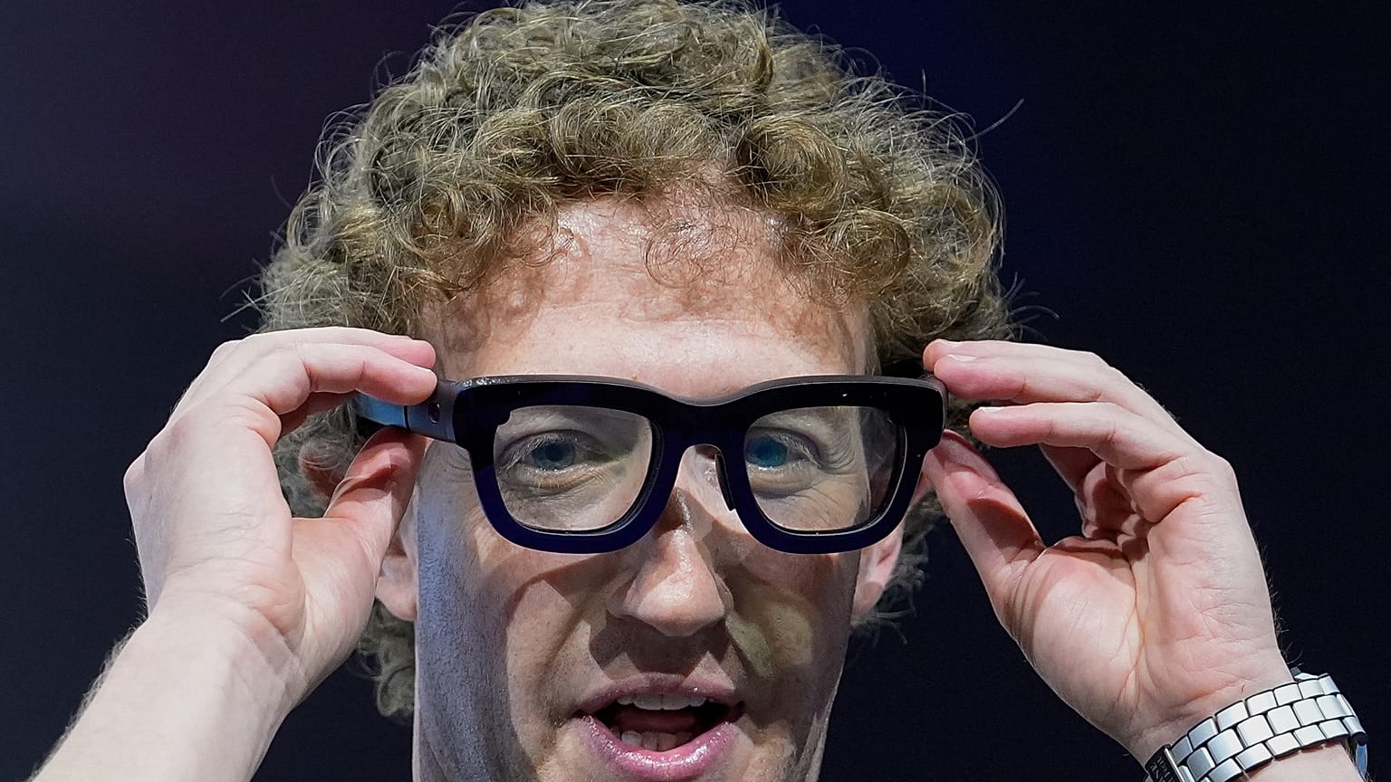 Mark Zuckerberg wears a pair of Orion AR glasses during the Meta Connect conference Wednesday, Sept. 25, 2024, in Menlo Park, Calif.
