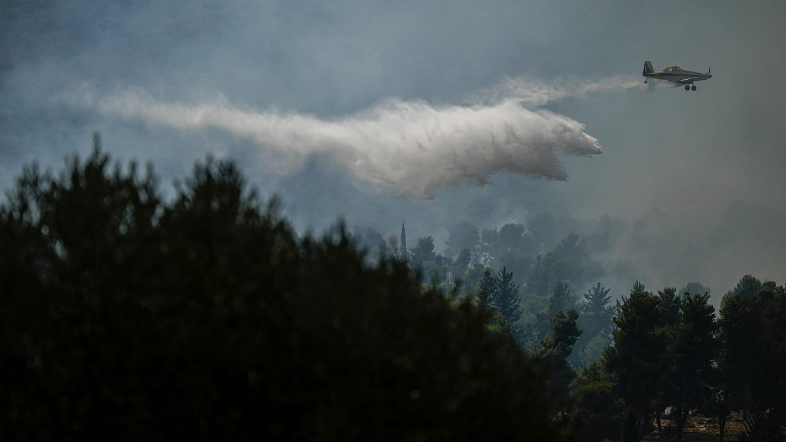 İsrail'in bir yangın uçağı, Hizbullah füzesinin yangına yol açtığı Safed bölgesinde müdahalede bulunuyor, 25 Eylül 2024 