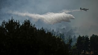 İsrail'in bir yangın uçağı, Hizbullah füzesinin yangına yol açtığı Safed bölgesinde müdahalede bulunuyor, 25 Eylül 2024 