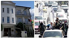 نیروهای طفدار حکومت طالبان با پرچم‌های امارت اسلامی (راست) و سفارت افغانستان در لهستان با پرچم جمهوری افغانستان (چپ)