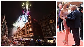 A Harrods karácsonyi fényei 2012-ben, Eva Herzigova modell és Mohamed al-Fayed 2010-ben