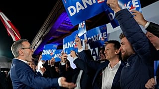 Leader of the Freedom Party of Austria, Herbert Kickl, cheers with supporters in Vienna, September 29, 2024