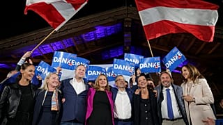 Herbert Kickl, leader of the Freedom Party of Austria poses with supporters, in Vienna, Austria, Sunday, Sept. 29, 2024, after polls closed in the country's national election.