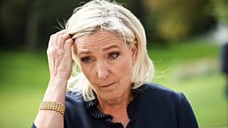French far-right leader Marine Le Pen gestures at the Elysee Palace Monday, Aug. 26, 2024 in Paris.