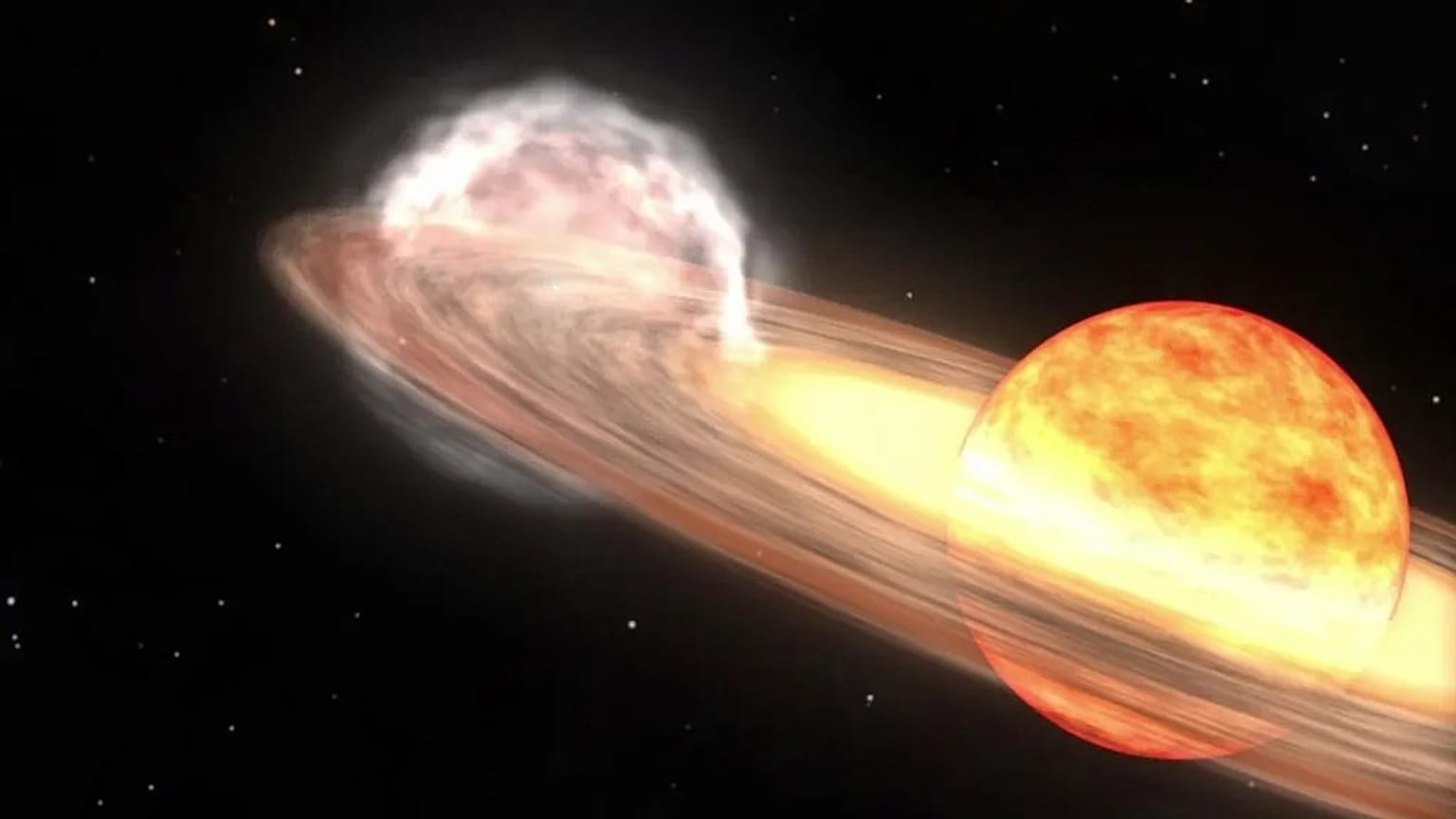 T Coronae Borealis'e benzer bir novanın bu animasyonunda bir kırmızı dev yıldız ve beyaz cüce birbirlerinin yörüngesinde dönüyor. 
