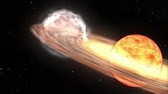 T Coronae Borealis'e benzer bir novanın bu animasyonunda bir kırmızı dev yıldız ve beyaz cüce birbirlerinin yörüngesinde dönüyor. 