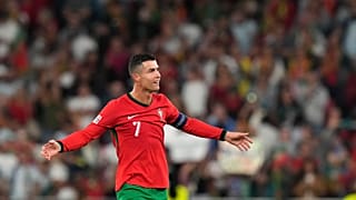 لاعب البرتغال كريستيانو رونالدو يحتفل بعد مباراة البرتغال وإسكتلندا في دوري الأمم الأوروبية لكرة القدم في ملعب لوز في لشبونة، البرتغال، الأحد 8 سبتمبر/أيلول 2024