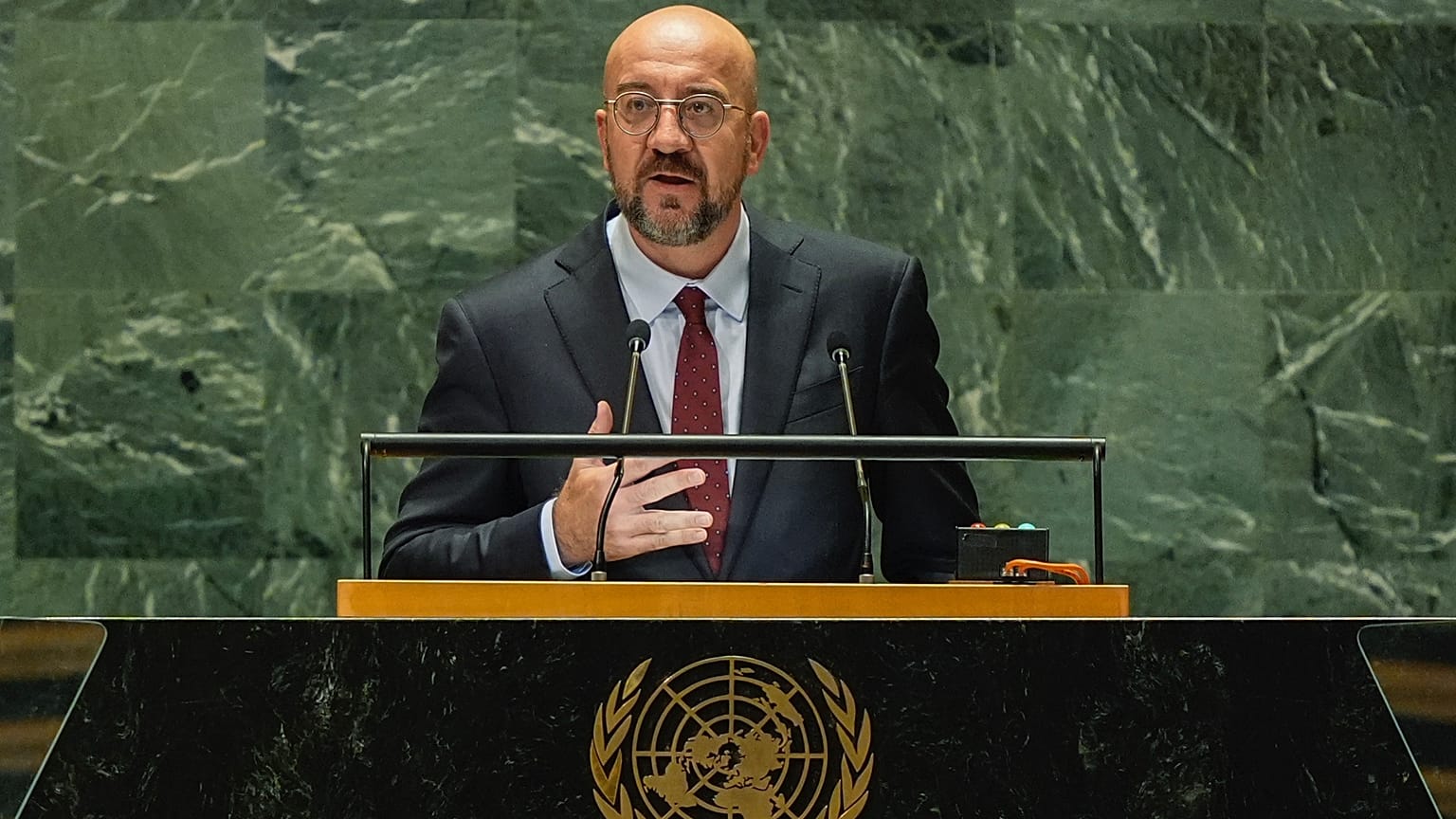 Avrupa Konseyi Başkanı Charles Michel, 26 Eylül 2024 Perşembe günü BM merkezinde Birleşmiş Milletler Genel Kurulu'nun 79. oturumuna hitap ediyor.