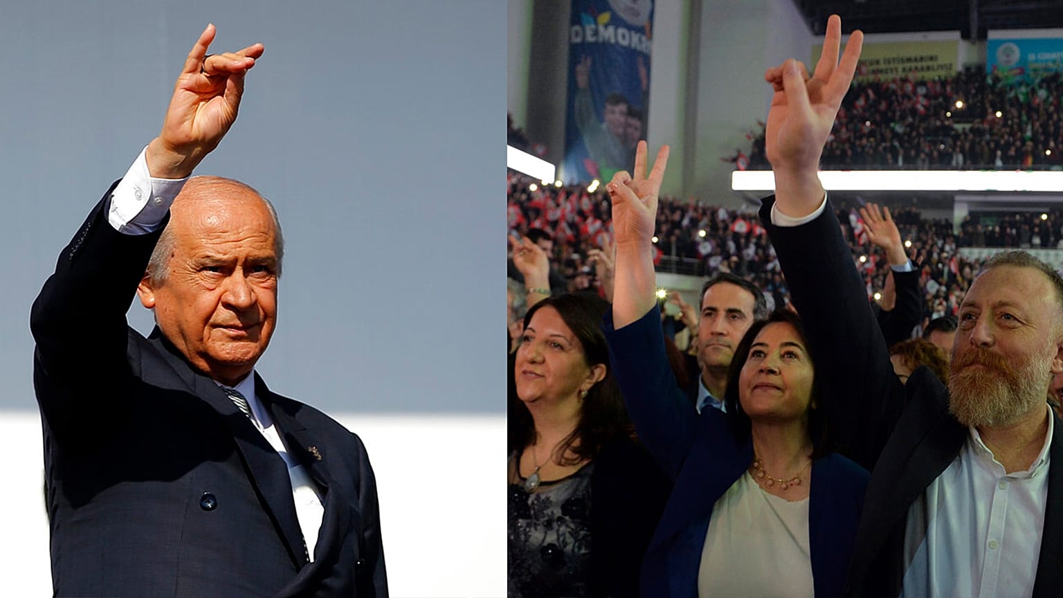 MHP lideri Devlet Bahçeli (solda) ile (en sağdan sırasıyla) DEM Parti Grup Başkanvekili Sezai Temelli, DEM Parti vekili Pervin Buldan ve eski eş genel başkan Serpil Kemalbay