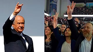MHP lideri Devlet Bahçeli (solda) ile (en sağdan sırasıyla) DEM Parti Grup Başkanvekili Sezai Temelli, DEM Parti vekili Pervin Buldan ve eski eş genel başkan Serpil Kemalbay