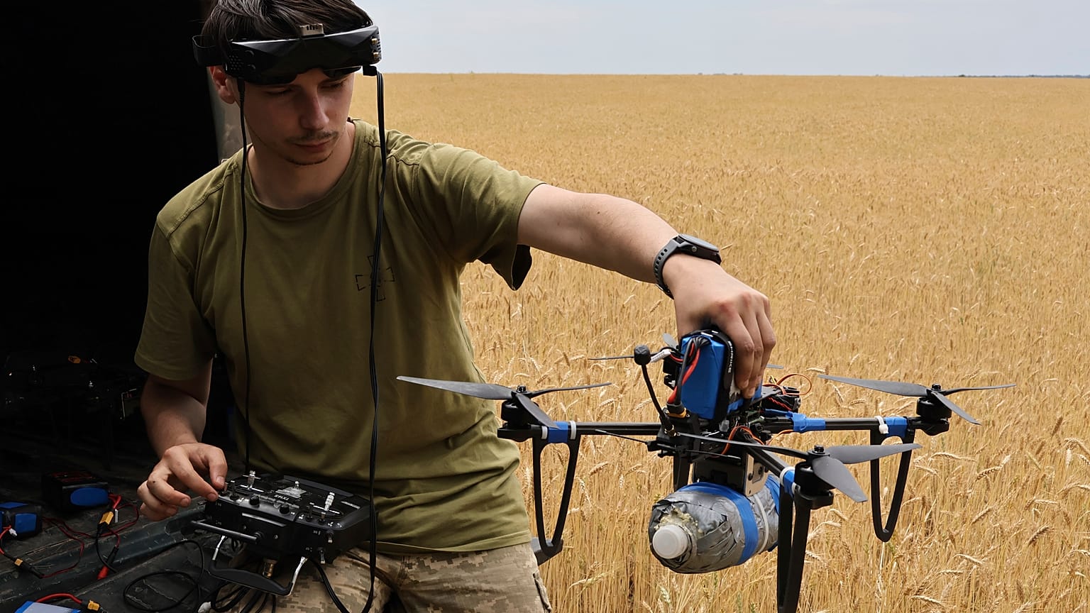A Ukrainian serviceman operates a drone on the frontline in the Zaporizhzhia region, June 14, 2024
