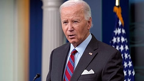 President Joe Biden speaks to the media in the White House press briefing room.