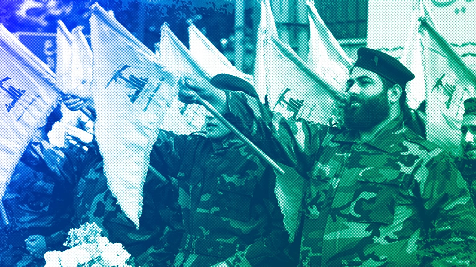 Hezbollah fighters rise their group flags and chant slogans as they attend the funeral procession of their comrade in the southern Beirut suburb of Dahiyeh, March 2024