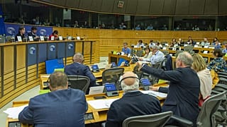 Members of the European Parliament's JURI committee take part in a meeting on 8 April, 2024 in Brussels.