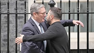 Britain's Prime Minister Keir Starmer welcomes Ukrainian President Volodymyr Zelenskyy to 10 Downing Street in London, 10 October 2024.