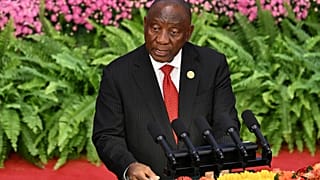 Güney Afrika Cumhurbaşkanı Cyril Ramaphosa, Çin'in başkenti Pekin'deki Büyük Halk Salonu'nda düzenlenen Çin-Afrika İşbirliği Forumu'nun (FOCAC) açılış töreninde konuşuyor.