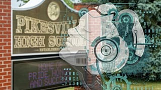 A pikesville-i gimnázium bejárata és az MI