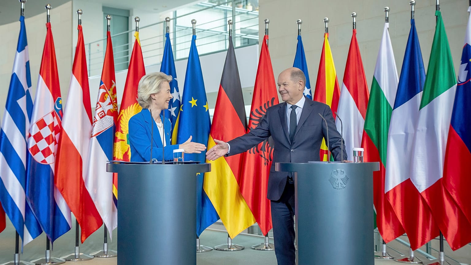 European Commission President Ursula von der Leyen and German Chancellor Olaf Scholz take part in a press conference after the Berlin Process summit, 14 October 2024