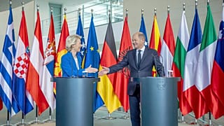 European Commission President Ursula von der Leyen and German Chancellor Olaf Scholz take part in a press conference after the Berlin Process summit, 14 October 2024