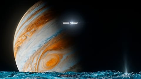 This illustration provided by NASA depicts the Europa Clipper spacecraft above the surface of the moon Europa, foreground, and Jupiter behind.