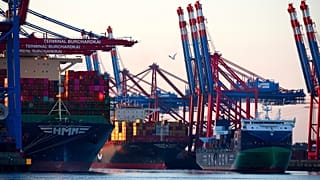 Container freighters are moored in the port of Waltershof in Hamburg