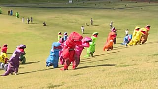Runners in colorful dinosaur costumes turned out for a race up a grassy ski slope in Katsuyama City, Fukui Prefecture, on Sunday.