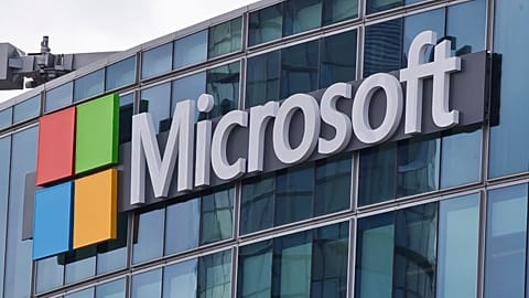 The Microsoft logo in Issy-les-Moulineaux, outside Paris, France.