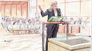 Bírósági rajz Marine Le Pen meghallgatásáról 
