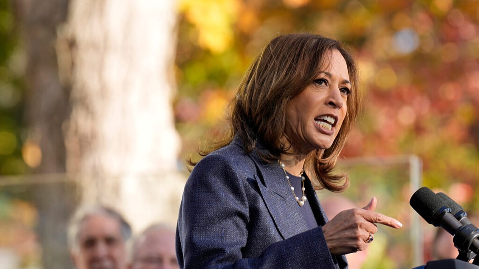 Democratic presidential nominee Vice President Kamala Harris speaks at a campaign event at Washington Crossing Historic Park, Wednesday, Oct. 16, 2024.