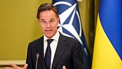 NATO Secretary General Mark Rutte speaks to journalists during a joint press conference with Ukrainian President Volodymyr Zelenskyy in Kyiv, Ukraine, on 3 October 2024. 