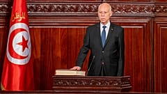 الرئيس التونسي قيس سعيد يؤدي اليمين يوم الاثنين 21 أكتوبر/تشرين الأول 2024 في تونس العاصمة بعد إعادة انتخابه. 