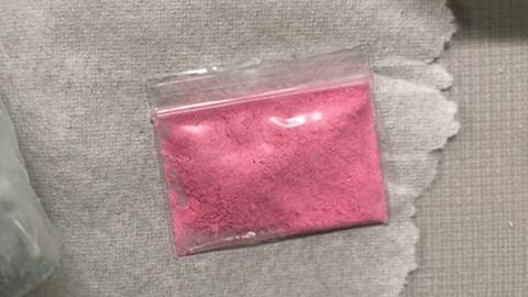 A bag of pink cocaine is displayed in 2023.