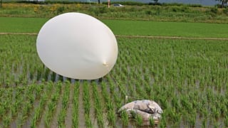 ARQUIVO: Um balão enviado pela Coreia do Norte é visto num campo de arroz em Incheon, Coreia do Sul, 10 de junho de 2024