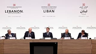 France's President Emmanuel Macron attends an international conference for Lebanon in Paris.