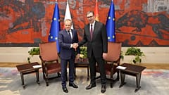 Poland's Prime Minister Donald Tusk, left, shakes hands with Serbian President Aleksandar Vucic in the Serbia Palace in Belgrade, Serbia, Thursday, Oct. 24, 2024.