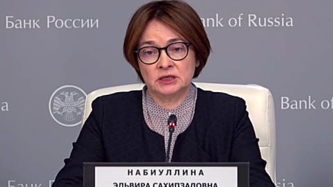 Russian Central Bank Chief Elvira Nabiullina holds a news briefing