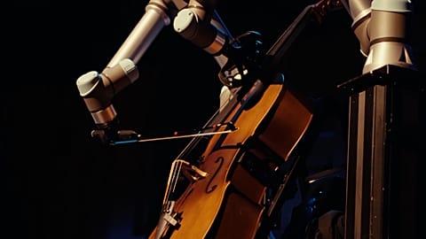 Robot violoncelliste jouant la composition « Veer » de Jacob Mühlrad avec l'orchestre symphonique de Malmö