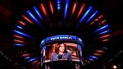 A video showing Vice President Kamala Harris plays as  former President Donald Trump speaks at a campaign rally at Madison Square Garden, Sunday, Oct.27, 2024.